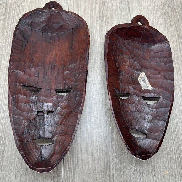 Vintage Wall Hanging Decorative Hand Carved Wood African Tribal Masks Pair Brown - Picture 2 of 13